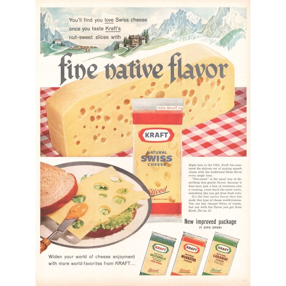 1961 Kraft Swiss Cheese Vintage Print Ad Switzerland Alps Mountain Chalet Cows
